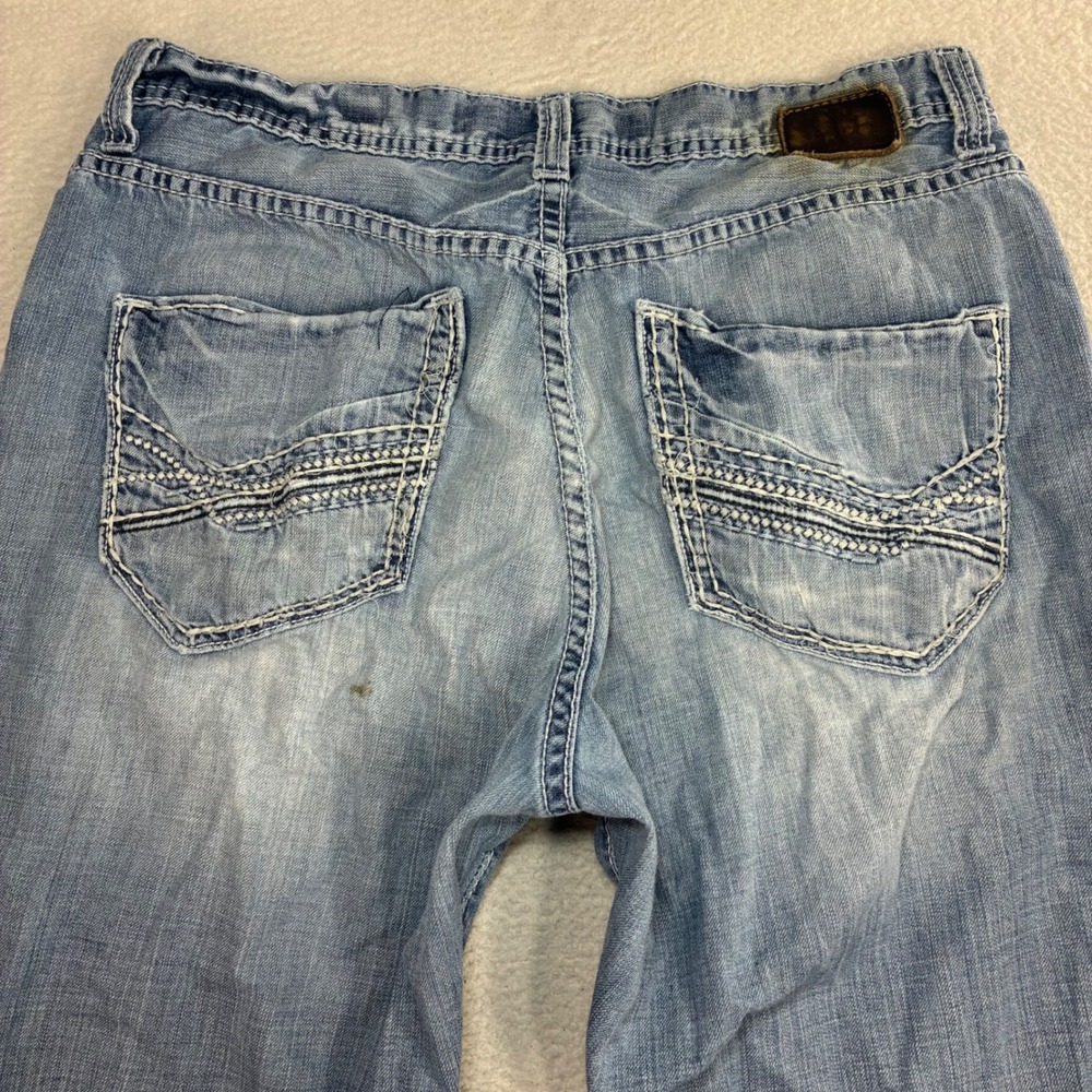 BKE Tyler Bootleg Jeans Men 34x34 Blue Fade Whiskered Distressed Western Bootcut - Picture 3 of 10